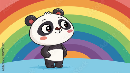 Cute panda bear standing in front of colorful rainbow