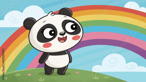 Cute panda bear standing under colorful rainbow in green meadow
