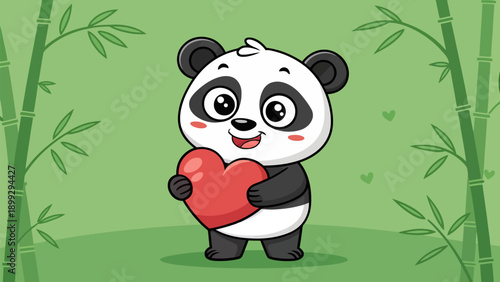 Cute panda bear holding red heart in bamboo forest with love