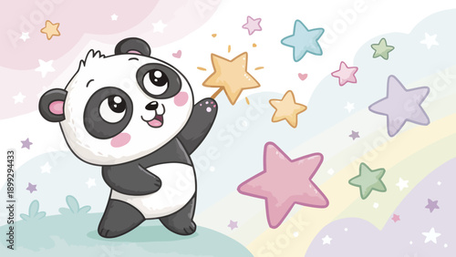 Adorable cartoon panda with magic wand surrounded by stars