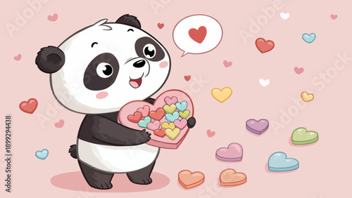 Adorable panda bear holding colorful heart shaped candies