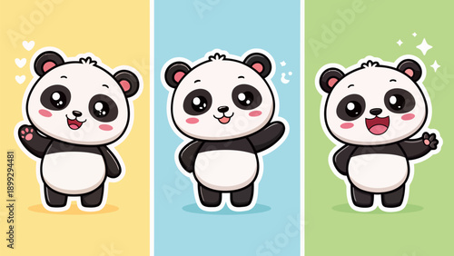 Cute panda characters in playful poses with colorful backgrounds