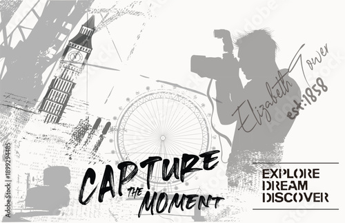 Silhouette of a photographer illustration, drawings of Big Ben in London, Urban typography hipster street art graffiti slogan. hand draw art grunge, london Urban graffiti slogan print.eps