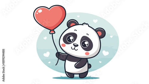 Adorable panda holding heart shaped balloon in cute illustration