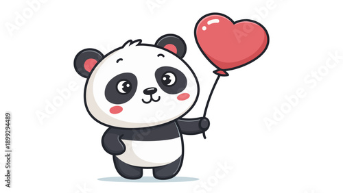 Cute cartoon panda holding red heart balloon