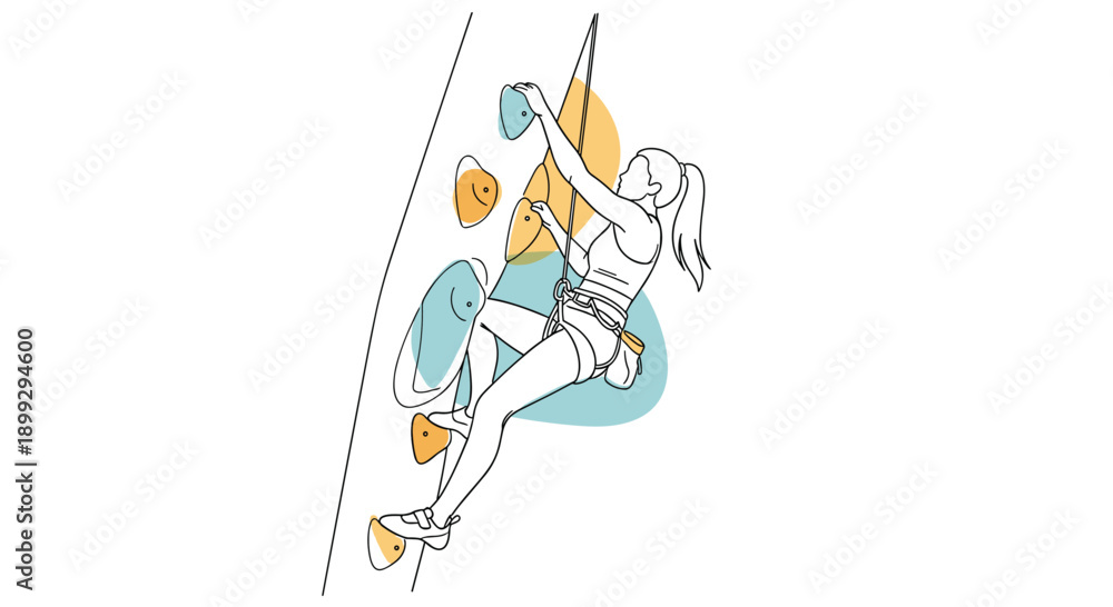 Obraz premium Artistic line drawing with colorful abstract shapes shows a determined woman climbing up a vertical rock wall at an indoor gym facility.