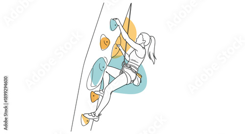 Artistic line drawing with colorful abstract shapes shows a determined woman climbing up a vertical rock wall at an indoor gym facility.