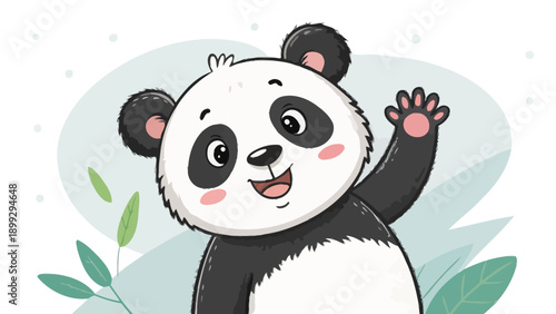 Adorable cartoon panda waving with friendly smile and green leaves