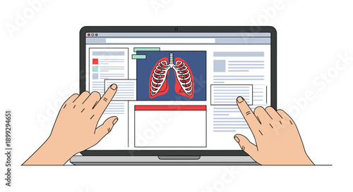 Close-up view of hands using a laptop to browse a medical website displaying a detailed anatomical illustration of human lungs and ribs.