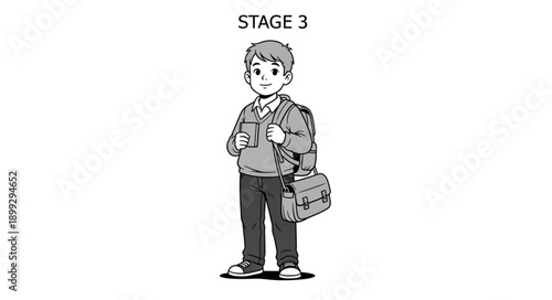 Young Boy Standing with School Bag and Phone.