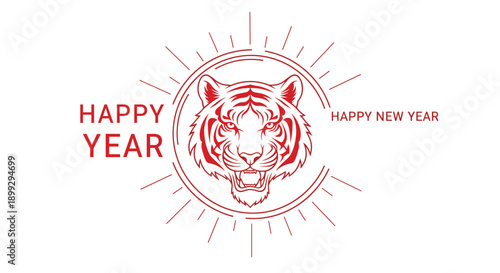 Striking red line art illustration of a tiger head inside a sunburst frame for the lunar new year celebration with happy new year text.