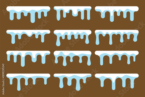 A set of snow caps, snowballs, and snowdrifts. Vector collection of snow caps. Snow elements on a winter background.  white snow caps with icicles and piles with icy texture. snowballs, and snowdrifts