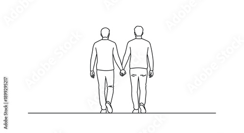 Minimalist line art illustration showing the back view of two men walking together while holding hands on a plain white background.
