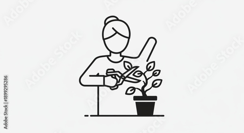 Woman pruning a small potted plant with scissors.