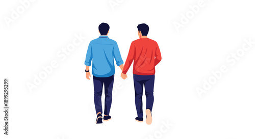 Flat vector illustration depicting the back view of two men in casual clothing walking together and holding hands in a park setting.