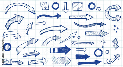Set of Hand drawn Blue Doodle Arrows on Grid Paper Background