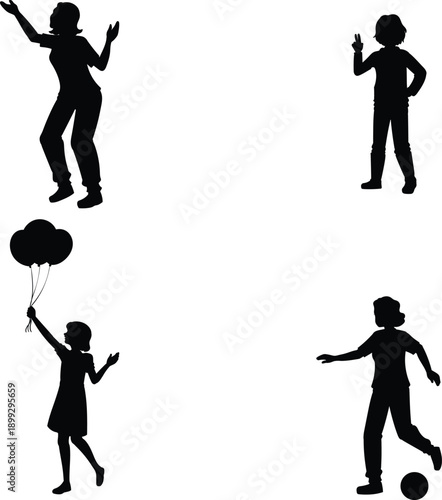 Four silhouetted children playing and having fun with balloons and balls in a minimalist vector illustration