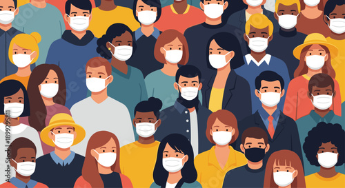 Diverse crowd of people from different ethnicities and backgrounds all wearing protective face masks for health and safety measures.