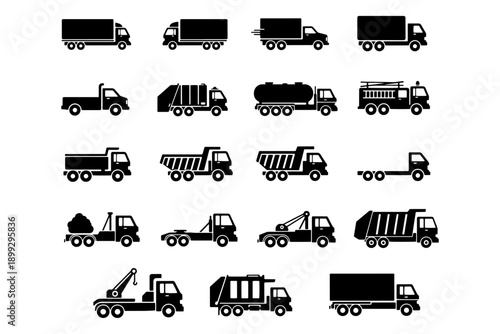 Truck Silhouettes Collection – Flat Style Cargo and Commercial Vehicle Vector Icons