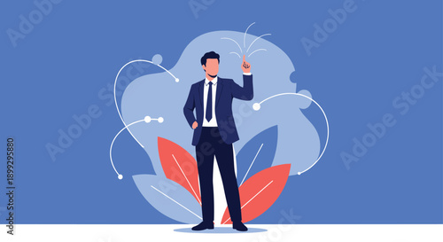 Professional businessman in a suit standing in front of abstract shapes and glowing technological connection lines for business themes.