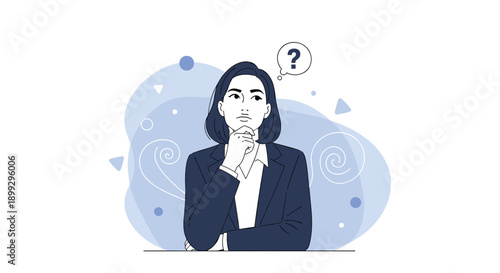 Professional businesswoman in a dark suit thinking deeply with a question mark in a thought bubble for problem solving concepts.