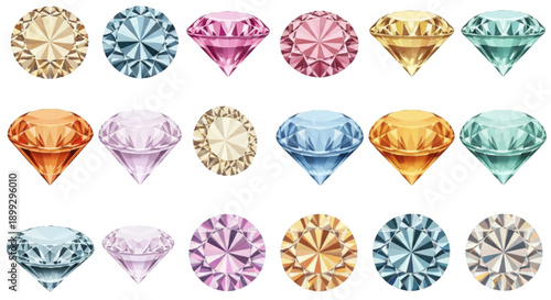 A colorful collection of diamond icons in various shapes and sizes on a white background