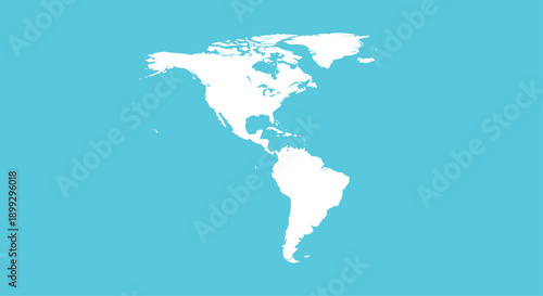 Simple white silhouette map of North and South America continents isolated on a bright turquoise or blue background.