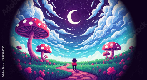 A small figure on a path in a vibrant, dreamlike mushroom forest under a starry night sky with a crescent moon.