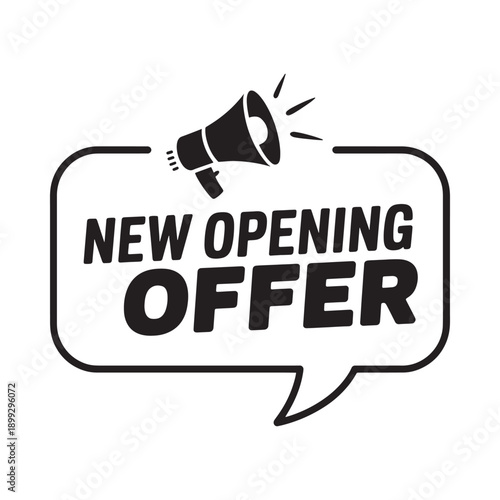 Black and white graphic of a megaphone announcing a new opening offer