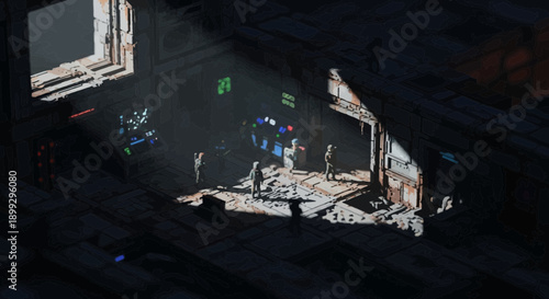 Figures stand in a sunlit industrial interior with glowing screens, creating a mysterious and futuristic atmosphere.