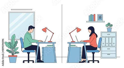 Man and woman working on laptops at separate desks divided by a partition wall in a modern office or coworking space.