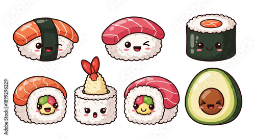 A colorful vector illustration of cute sushi characters with happy faces