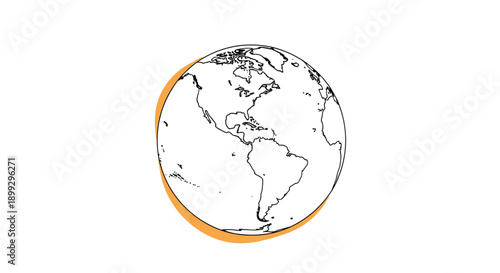 Stylized line art globe focusing on North and South America with an orange shadow for world and geography concepts.