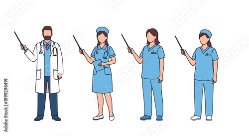 Group of professional medical staff including a doctor and nurses in uniform holding pointers to present healthcare information or education.