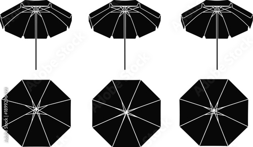 Black beach umbrella collection, top and side views, minimalist outdoor parasol set, isolated design for summer shade concept on white