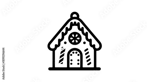 Minimalist black line icon of decorated gingerbread house with icing and candy details on white background