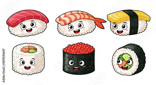 A set of cute cartoon sushi icons with smiling faces on a white background