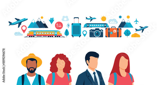 Collection of travel and vacation icons including airplanes, trains, and mountains with a group of diverse tourists ready for their adventure trip.