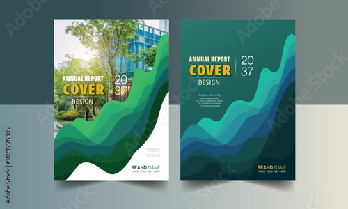 Annual Report Cover Design Template Green, Golden and Turkish Green Color