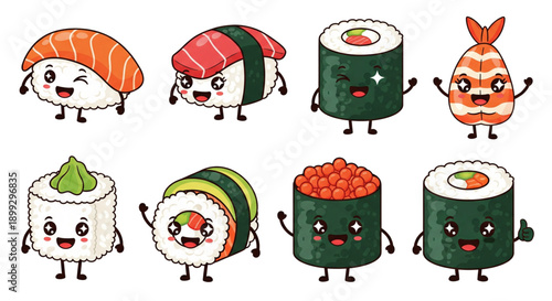A colorful vector illustration of happy sushi characters with various expressions