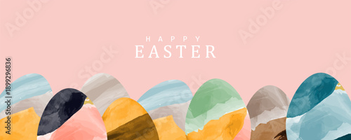 Happy Easter greeting card poster collection with Elegant and trendy design template for Easter holiday. minimalist Watercolor  background with eggs for ads, cover, social media  and web flayer.