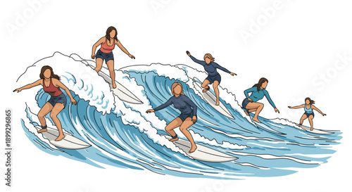 Group of active women surfing on multiple boards across a large blue ocean wave under a clear sky in a summer sports and fitness illustration.