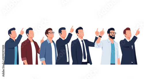 Row of diverse men in different casual and business outfits looking up and pointing with their fingers as if indicating a goal or an upward trend.