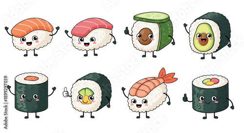 A colorful vector graphic of cartoon sushi characters with happy faces and arms