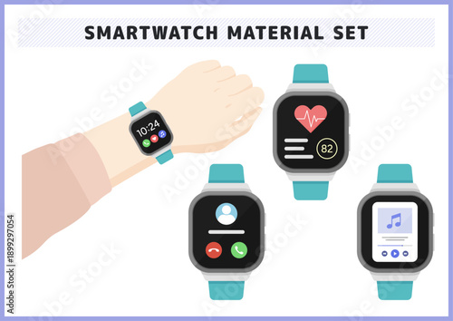 スマートウォッチの機能と操作イメージ 心拍数 着信 音楽再生などのデジタルデバイス素材