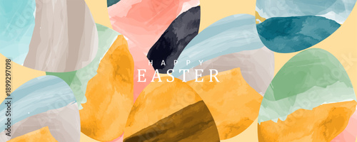 Happy Easter greeting card poster collection with Elegant and trendy design template for Easter holiday. minimalist Watercolor  background with eggs for ads, cover, social media  and web flayer.