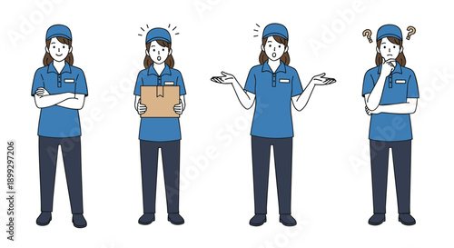 Female delivery worker in a blue uniform and cap showing various expressions including smiling, surprise, confusion, and thinking with a parcel.