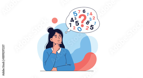 Young woman in a blue shirt thinking deeply with a thought bubble above her head filled with various numbers and a large red question mark.