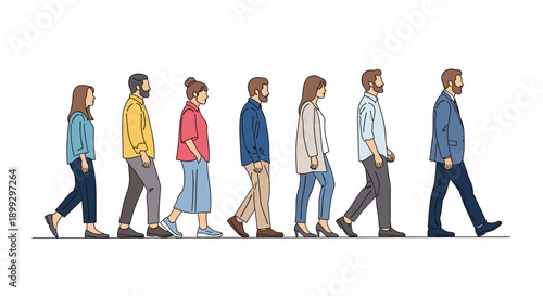 Profile view of a diverse group of people including men and women in various outfits walking in a line towards the right side of the frame.