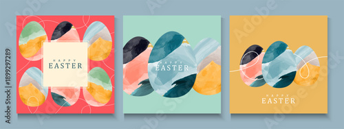 Happy Easter greeting card poster collection with Elegant and trendy design template for Easter holiday. minimalist Watercolor  background with eggs for ads, cover, social media  and web flayer.